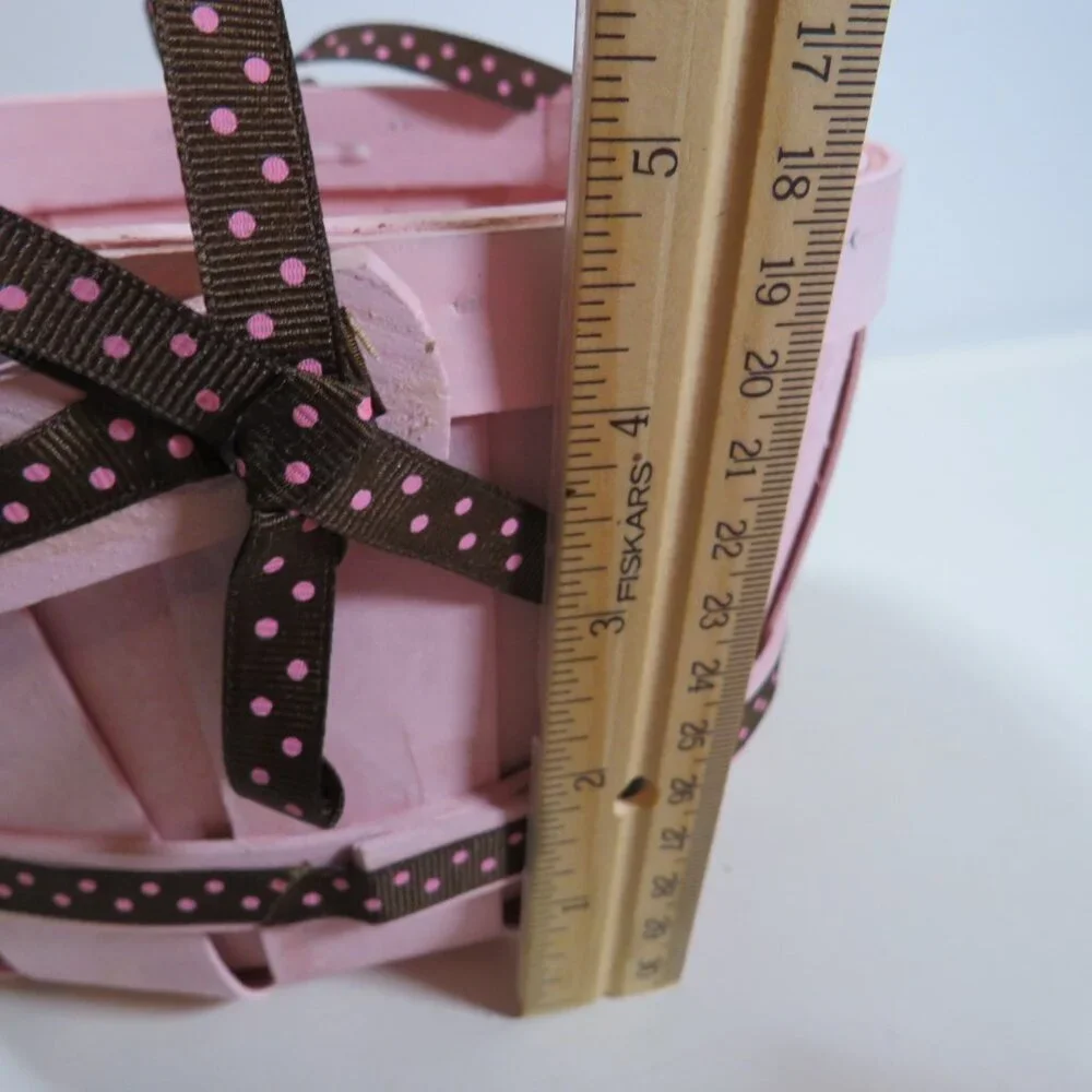 all wood basket pink with brown polka dot ribbon Berry Basket Easter Pastel